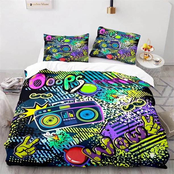 v261 Bed Sheets Graffiti Hip Hop Modern Street Art Bedding Set,Duvet Cover Bed Set Quilt Cover Pillowcase,King Queen Twin Size Boys Girls Adults 3-Piece Bedding Set (1 Duvet Cover + 2 Pillow Shams) Be