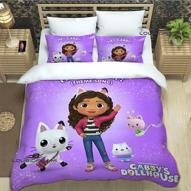 v1423 Bed Sheets Gabby's Dollhouse Cute Anime Bedding Sets exquisite supplies set duvet cover bed comforter set bedding set luxury birthday gift 3-Piece Bedding Set (1 Duvet Cover + 2 Pillow Shams) Be