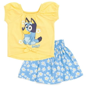 Camiseta Y Falda Outfit Bluey Para Niñas Pequeñas, Amarillo/Azul, 4T