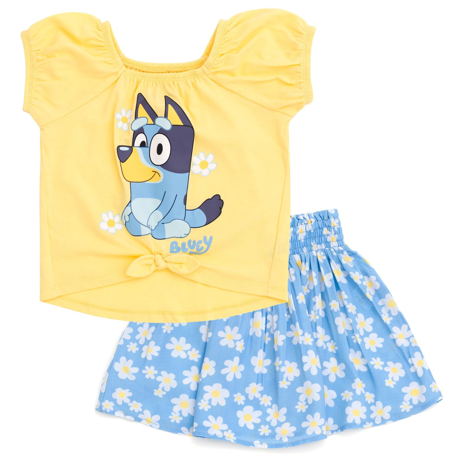 Camiseta Y Falda Outfit Bluey Para Niñas Pequeñas, Amarillo/Azul, 4T