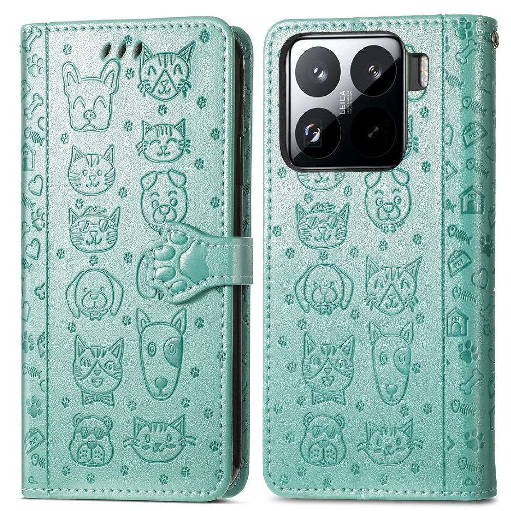 Funda Cartera Foxdock Para Xiaomi 15 , Flip Pu Con Relieve De Gatos Y Perros, Tarjetero Y Soporte