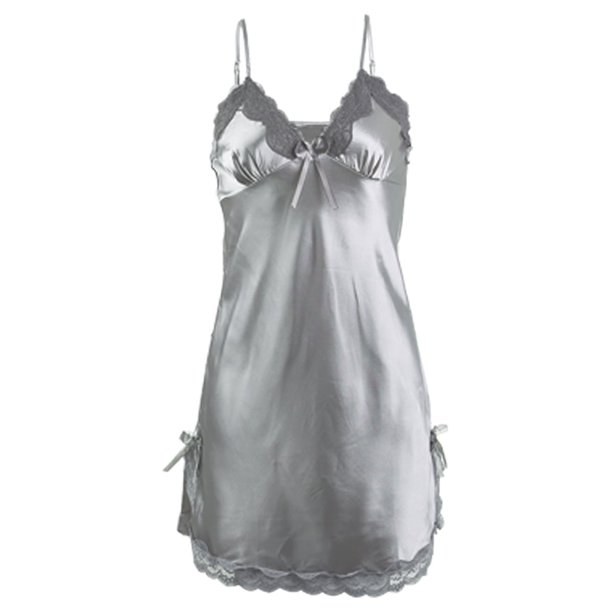 INSPIRE CHIC Mujer Camisón de Satén con Escote en V con Encaje Floral y Lazo, Tirantes Ajustables, Vestido de Dormir Gris-encaje L
