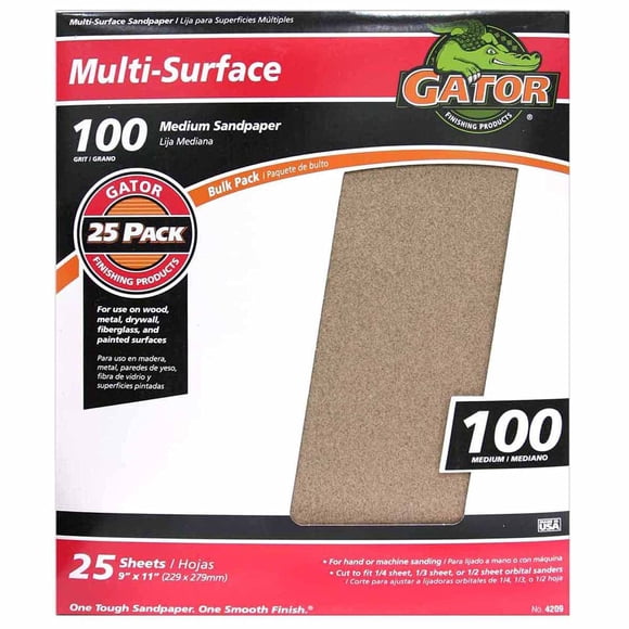 Hojas de lijado Gator Multi-Surface, grano 100, 9 x 11 pulgadas, paquete de 25