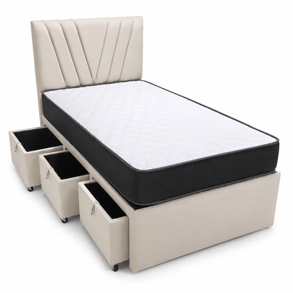 Cama Cajonera Plaza y Media S&L Crudo Lino con Colchón de Resortes – Diseño V