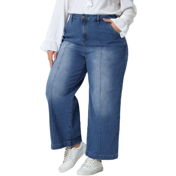 Agnes Orinda Pantalones de Mezclilla para Mujer Talla Grande Pierna Ancha Holgados Lavados Elásticos Casual con Bolsillos 3X Azul Medio