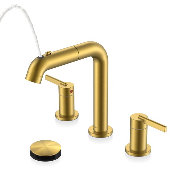 Grifo de baño KENES color oro cepillado con salida retráctil, 2 manijas, 3 orificios