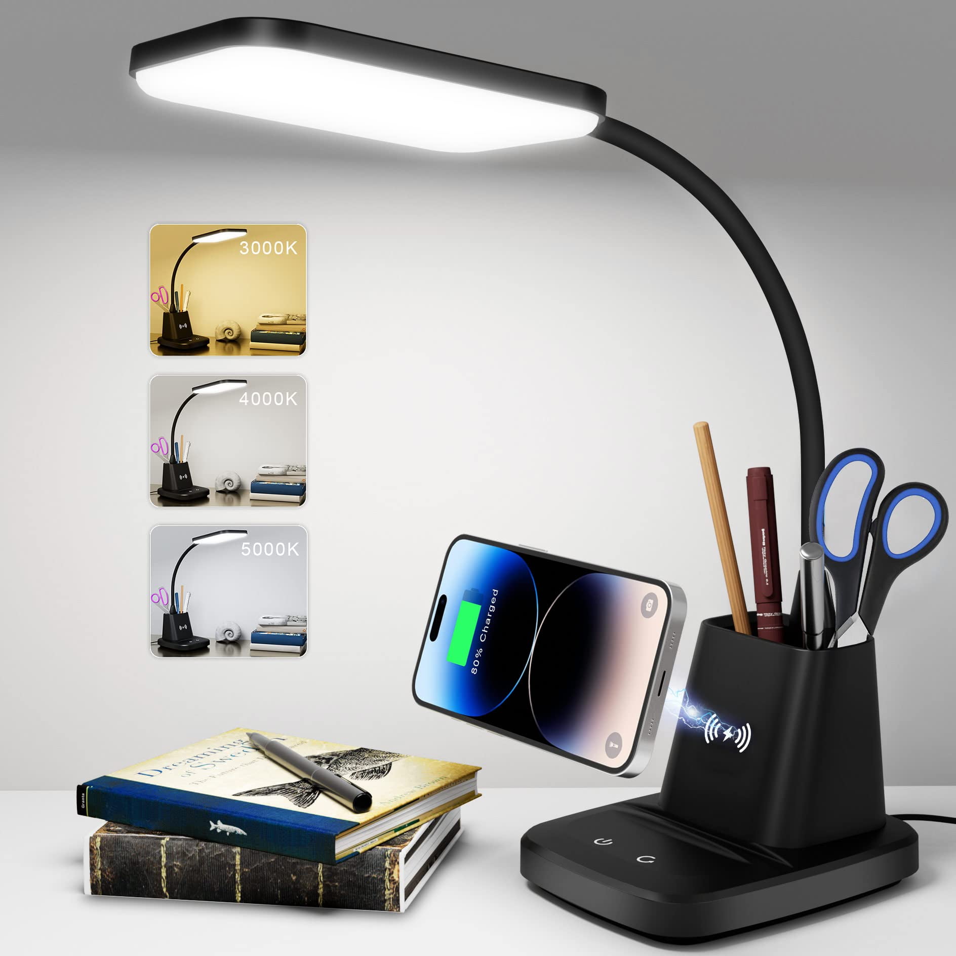 Lámpara De Escritorio Sailstar Led Con Cargador Inalámbrico Y Soporte Para Bolígrafos