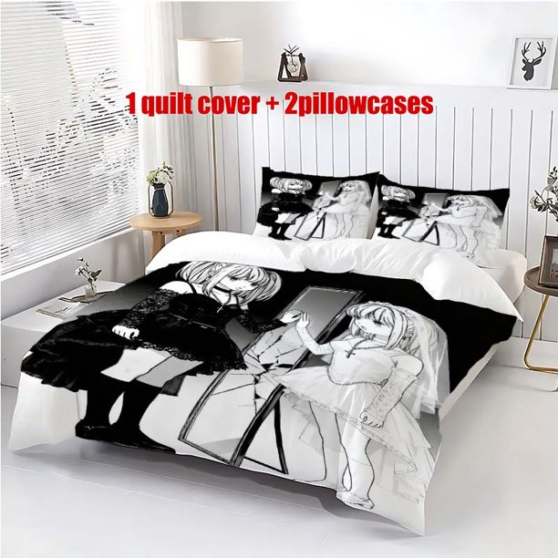 3pcs Death Note Themed bedding with Black And White Mirror Twin Design Includes a Duvet Cover And Pillowcases