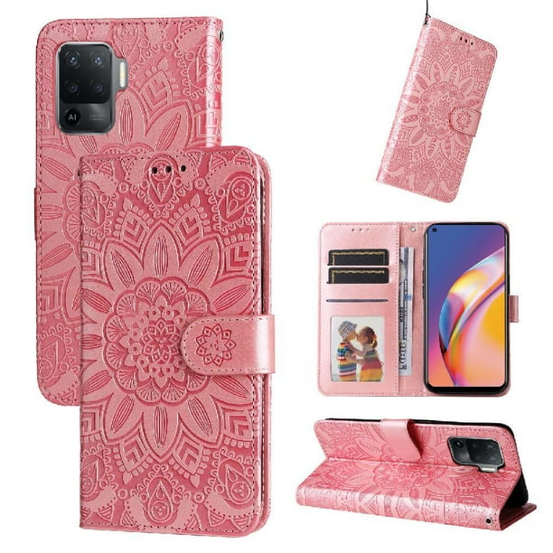 Funda tipo cartera FOXDOCK para OPPO A94 4G , diseño girasol en relieve, cuero PU, cierre magnético, soporte y tarjetero