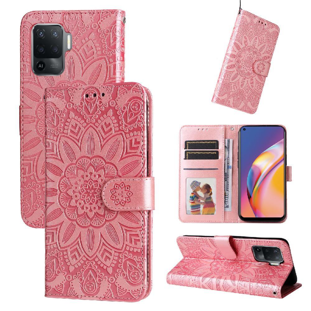 Funda Tipo Cartera Foxdock Para Oppo A94 4G , Diseño Girasol En Relieve, Cuero Pu, Cierre Magnético, Soporte Y Tarjetero