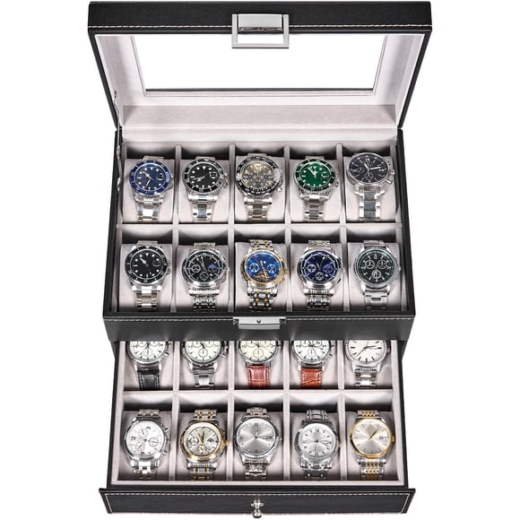 Organizador de Relojes BEWISHOME de 20 Ranuras con Tapa de Vidrio