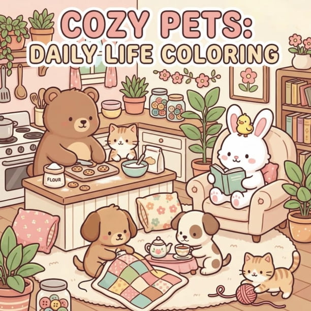 Libro para colorear, lindas y acogedoras mascotas en la vida diaria para todas las edades