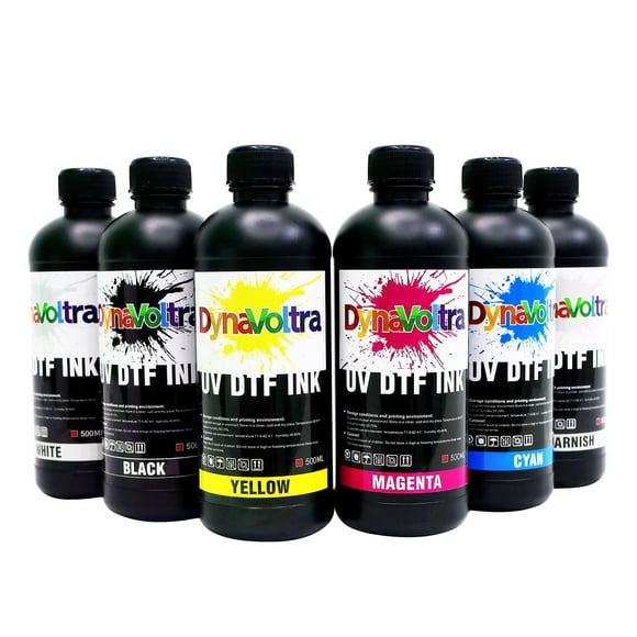 Set de tintas DynaVoltra 6 x 500 ml UV DTF de secado rápido y colores vivos