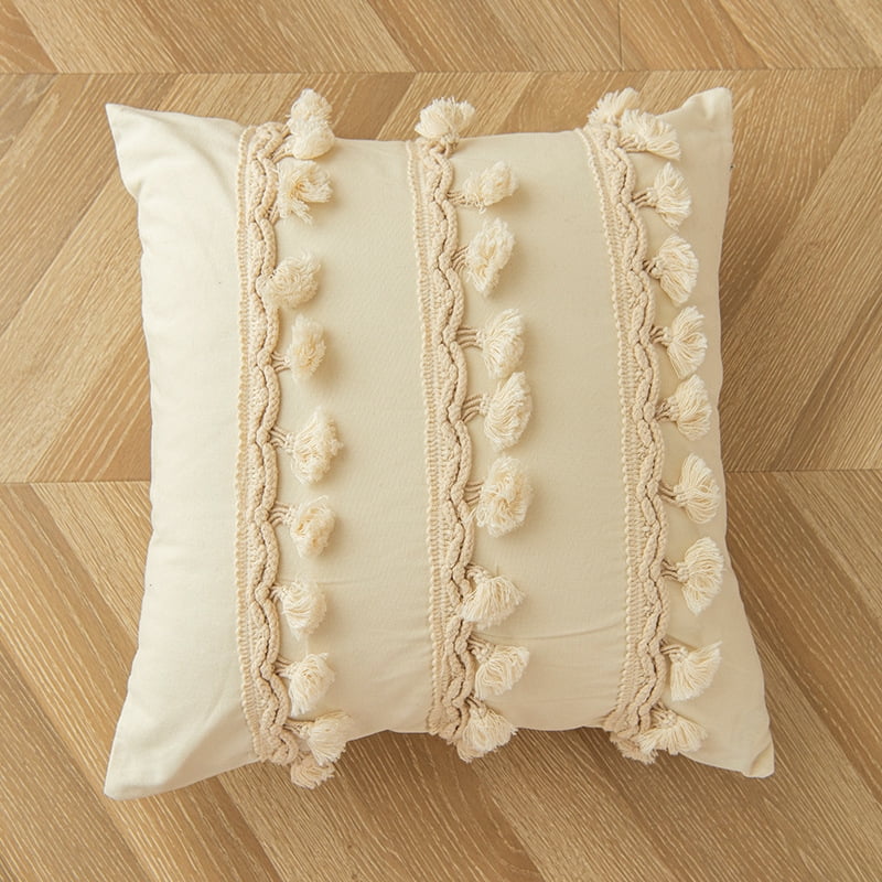 Xmhytop Almohada Decorativa Bohemia 17.7x17.7 Pulgadas, Tejida Con Borlas, Color Crema Y Blanco, Minimalista Neutral, Para Sofá (con Relleno), D