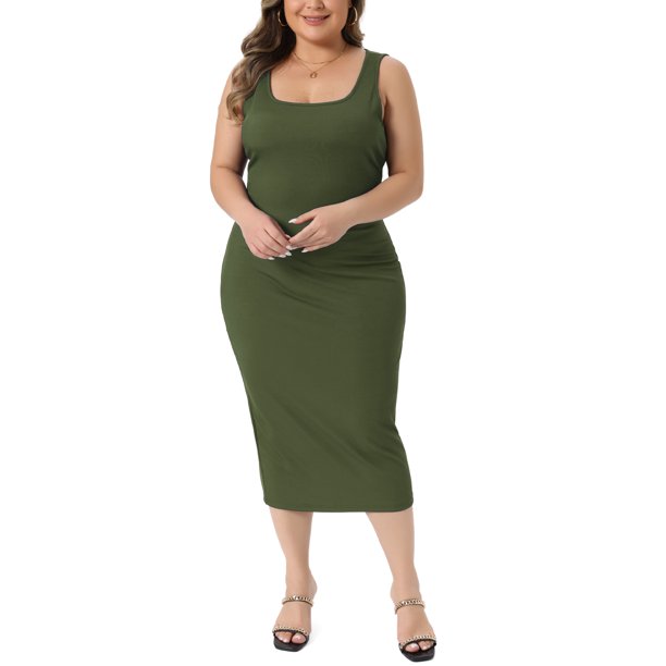 Agnes Orinda Trajes de Halloween Vestido de Mujer Tallas Grandes Vestido de Verano Sin Mangas Cuello Cuadrado Ajustado Cóctel Vestido de Tirantes 1X Verde Militar
