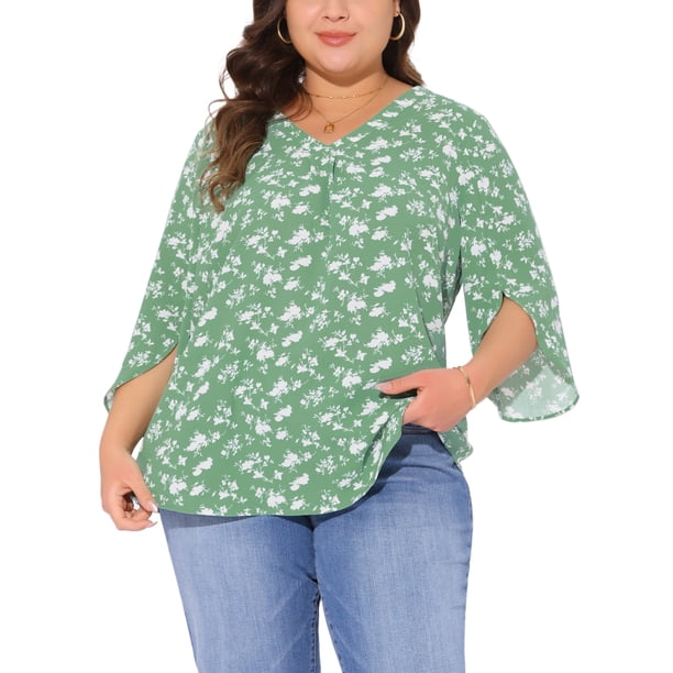 Agnes Orinda Conjuntos de Halloween Blusa de Chifón para Mujer Tallas Grandes Cuello en V Manga 3/4 Verano Casual Túnica Blusa 1X Verde
