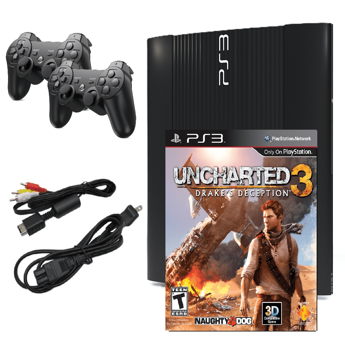 Restored Sony Playstation 3 Ps3 Console Super Slim 250gb Black With Uncharted 3: Drake's Deception & Two Retrofam Controllers (refurbished)