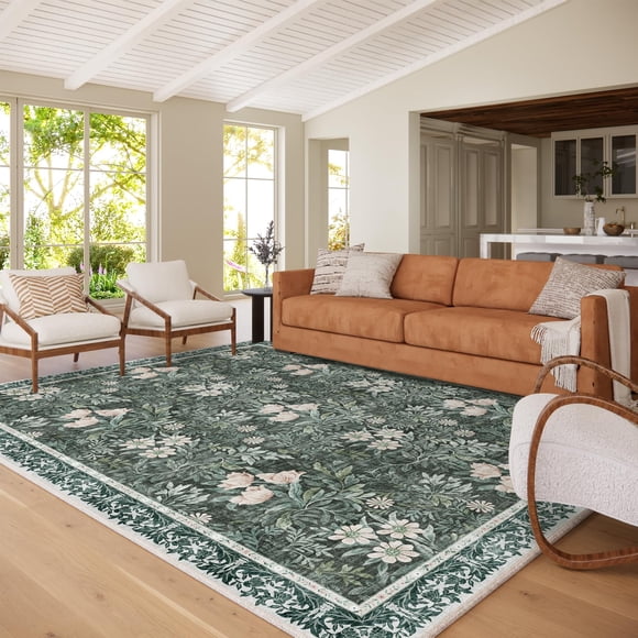 Alfombra Baksham 254x203 cm Verde Claro Floral Lavable