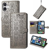 Funda Cartera Foxdock Para Iphone 16 , Flip Pu Con Relieve De Gatos Y Perros, Tarjetero Y Soporte