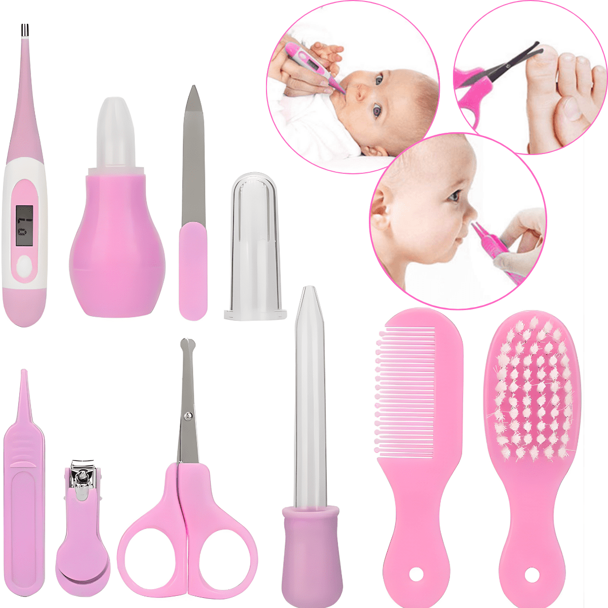 Genérica - Set Rosa Para Cuidado Higiene Bebé 10en 1 Cepillo Cortaúñas Termómetro