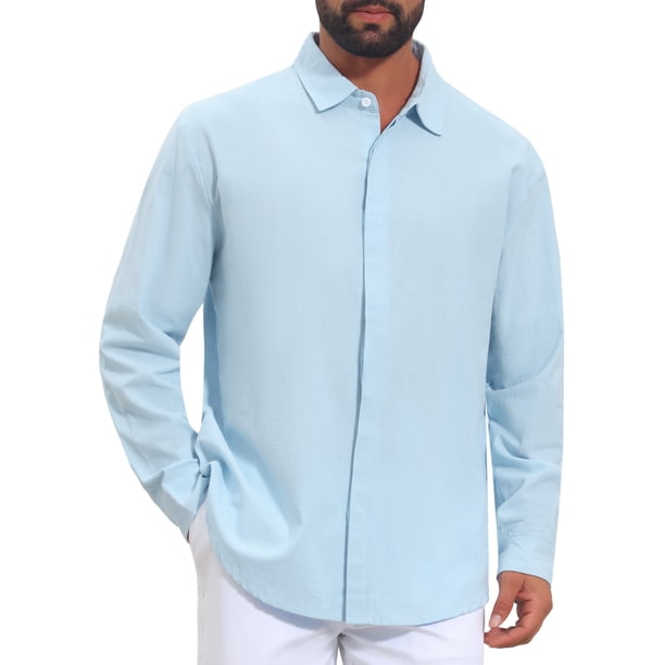 INSPIRE CHIC Regreso a Clases Camisa de Vestir de Lino Sólido de Manga Larga para Hombre con Botones 2XL Azul Claro