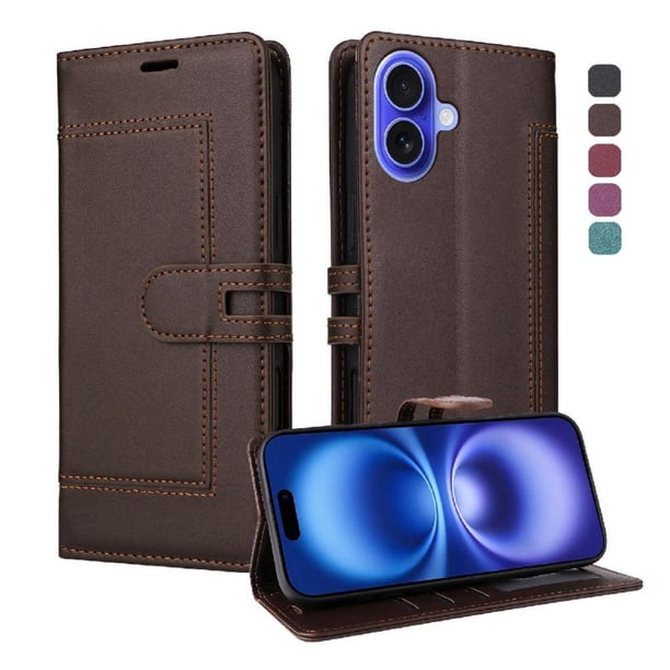 Premium Wallet Case for iPhone 17 with Card Slots & Kickstand, Flip Cover Brown