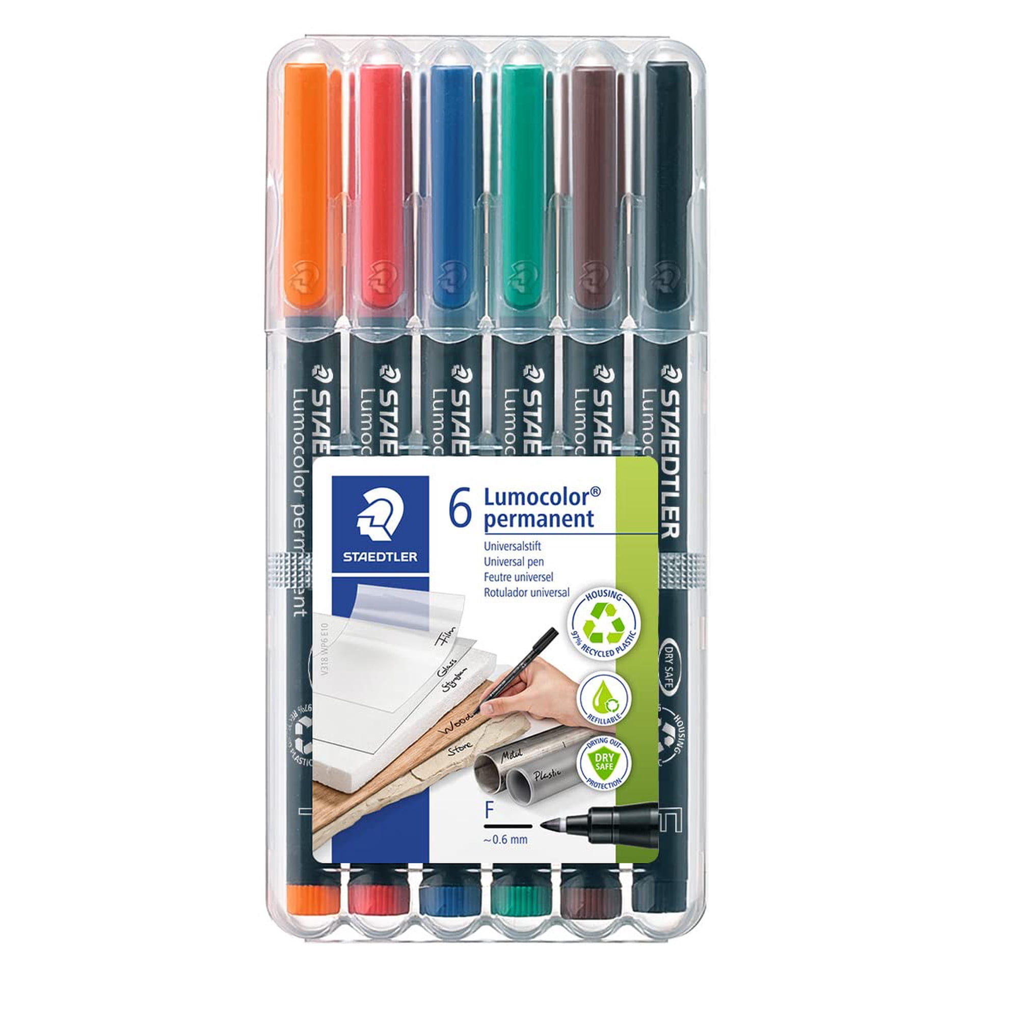 Bolígrafo Universal Lumocolor De La Marca Staedtler, Fino, Punta De Fieltro, Marcador Permanente, Caja De 6 Rotuladores De Varios Colores, 0,6 Mm 318 Wp6