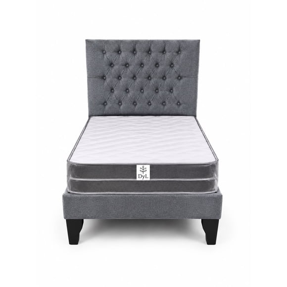 Cama de Plaza y Media Gris Medio Lino + Colchon Semi ortopedico 1.5
