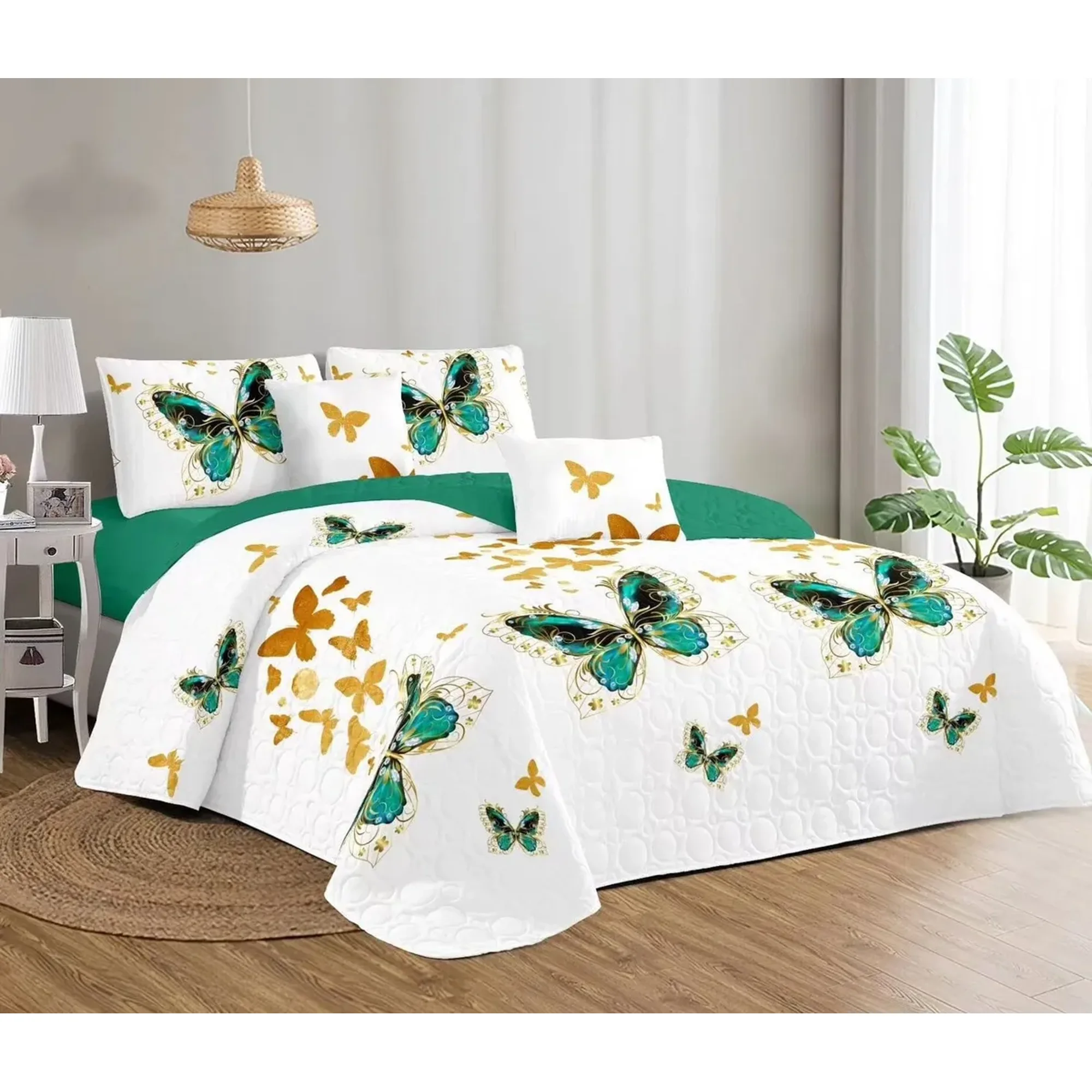 Casadeliacl - Cubrecama King Grande Quilt Verano Moderno Elegante Tf Verde Mariposa