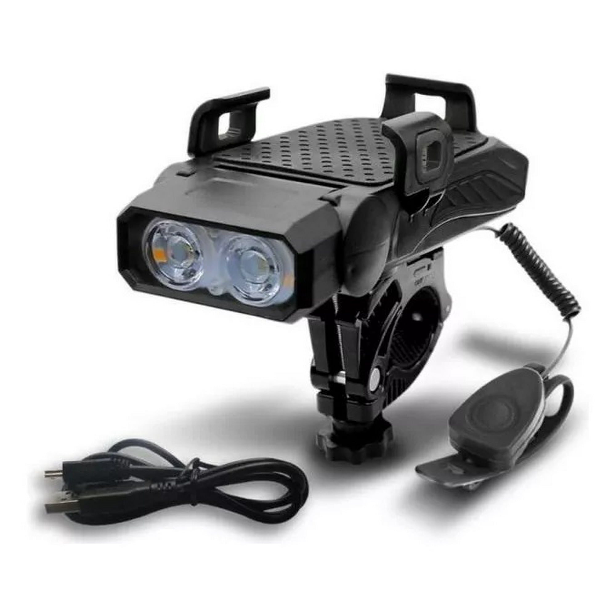 Defensor - Luz Led Bicicleta Delantera, Bocina Porta Celular, 4000 Mah. Color Negro