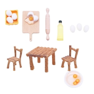 Magideal - 1:12 Muñecas Herramienta De Cocina Escritorio Y Silla Juego Huevo, Rodillo, Bandeja De Huevos, Aceite De Oliva, Tabla De Cortar Decoración Diy Escena