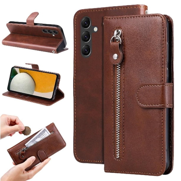 Funda tipo cartera para Samsung Galaxy A15 con bolsillo con cremallera y ranuras para tarjetas – Función de soporte Marrón