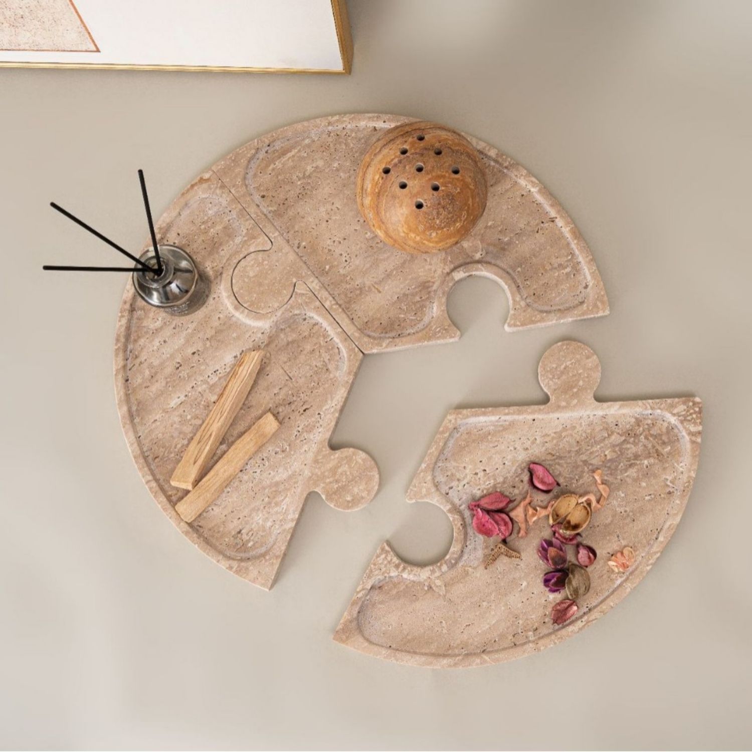 Santú Home & Deco - Bandeja De Piedra Puzzle Travertino Deco Y Aperitivos