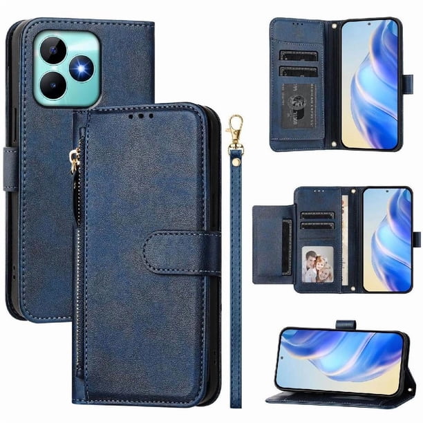 Funda tipo cartera para Realme Narzo N53 4G con bolsillo con cremallera, tarjetero, soporte, correa para la muñeca y tapa de cuero azul