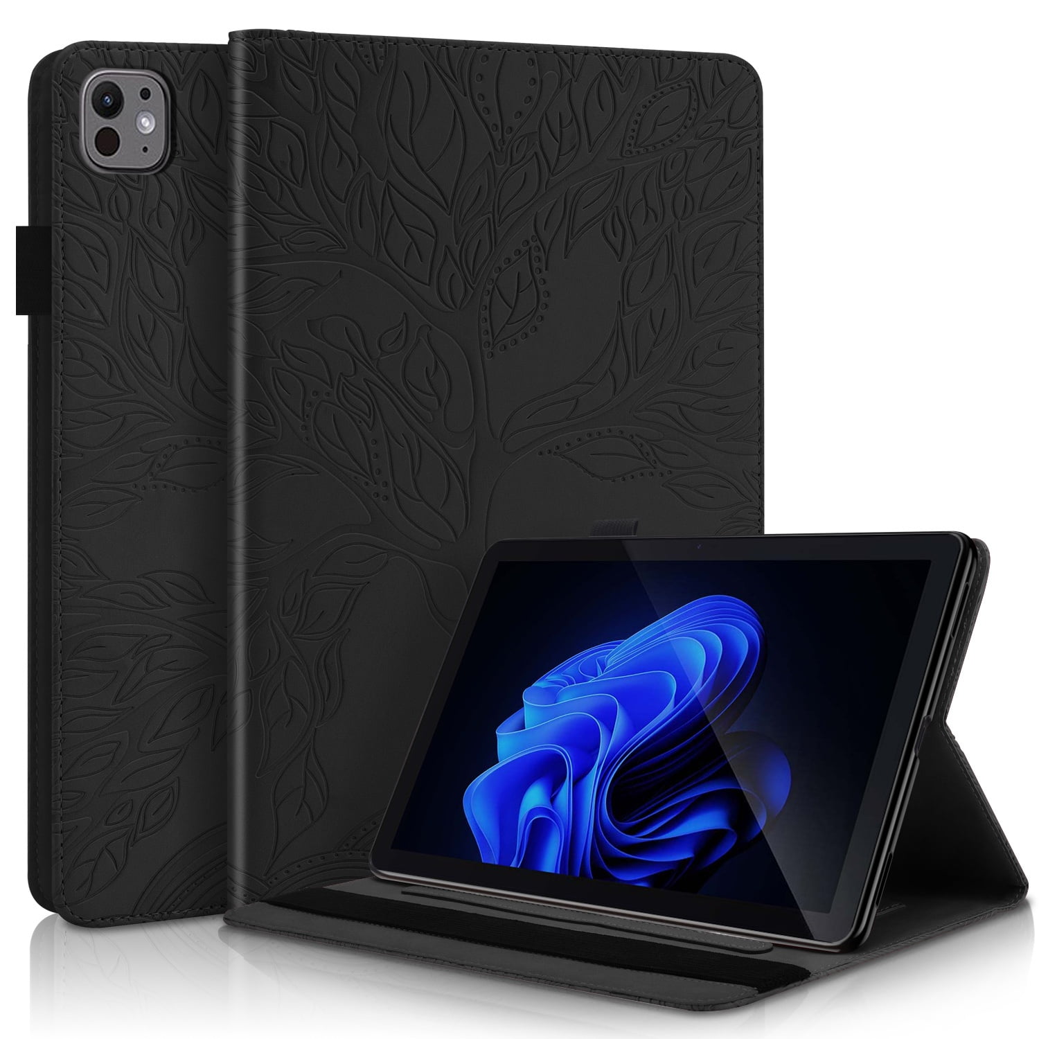 Foxdock - Funda Con Relieve Del Árbol De La Vida Para Tablet Samsung Galaxy Tab A8 X200 Con Soporte, Ranuras Para Tarjetas Y Soporte Para Lápiz Óptico. Negro