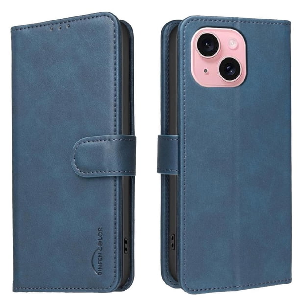 Funda Billetera para iPhone 15 Plus Protección RFID y Soporte Ajustable Azul