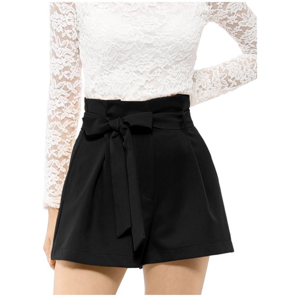 INSPIRE CHIC Pantalones Cortos Elegantes para Mujer con Lazo Autoadherente, Cintura Alta Tipo Bolsa de Papel, Plisados, XS Negro