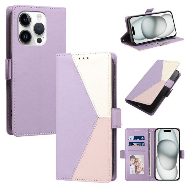 Cartera Plegable para iPhone 15 Pro Max, PU Tricolor con Ranuras, Morado