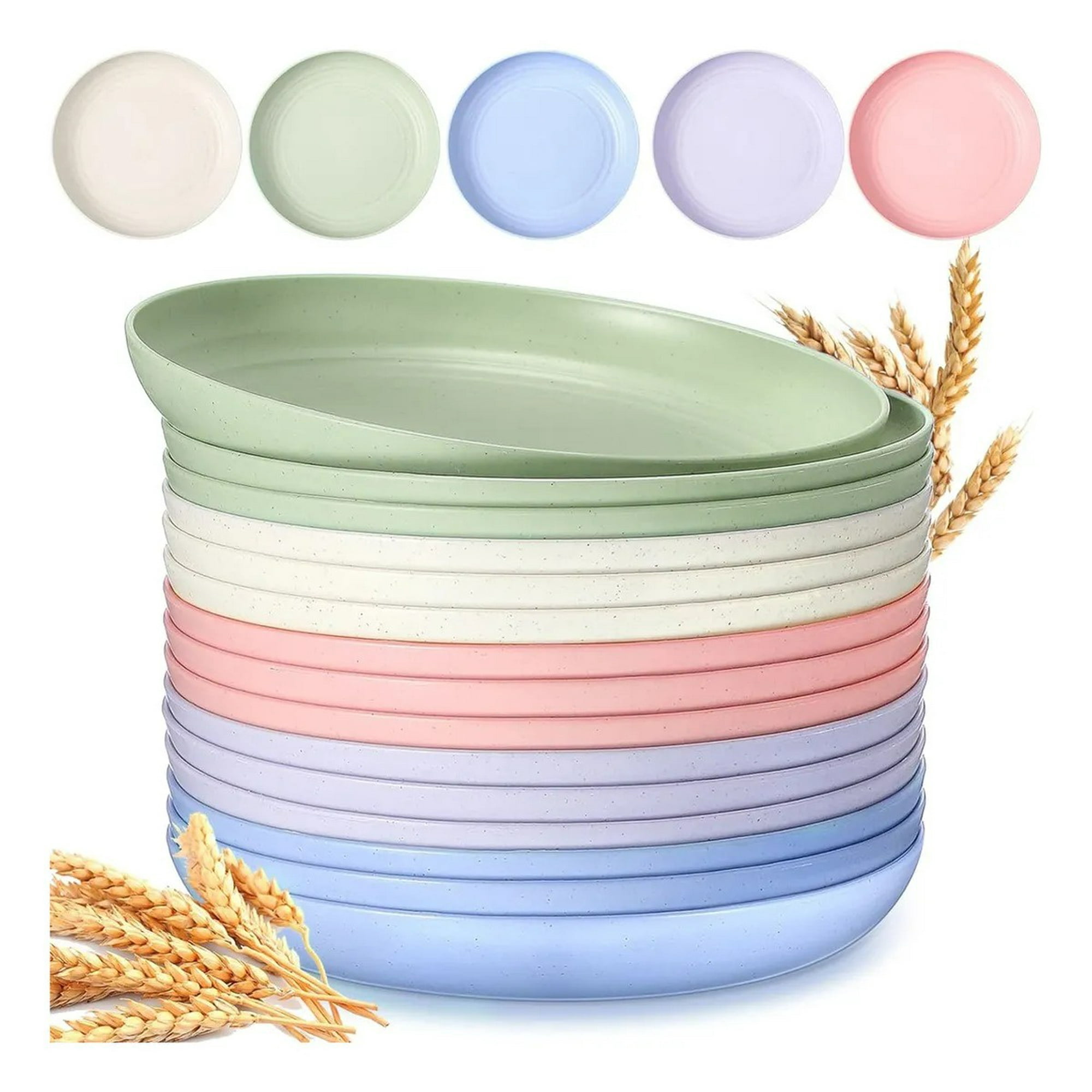 Genérica - Pack 15 Platos Plásticos Reutilizable Colores Surtidos 22cm Color Plato De Paja De Trigo Multicolor. No Bpa