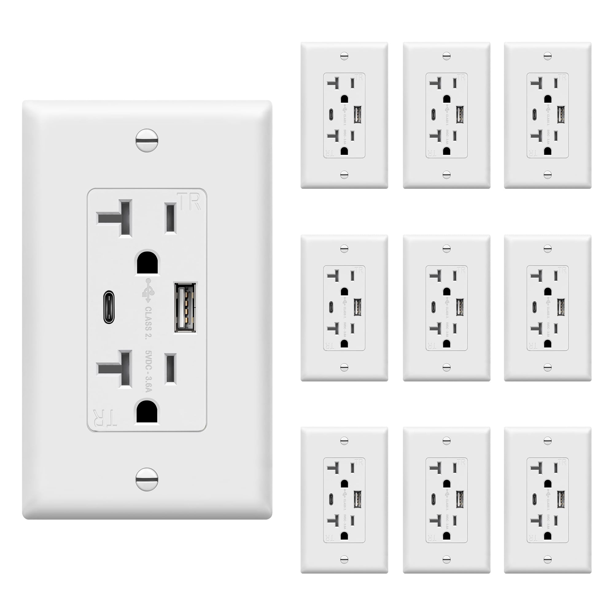 Top Greener - Enchufe Usb Topgreener Tipo C 20a Con 2 Puertos, Paquete De 10, Blanco
