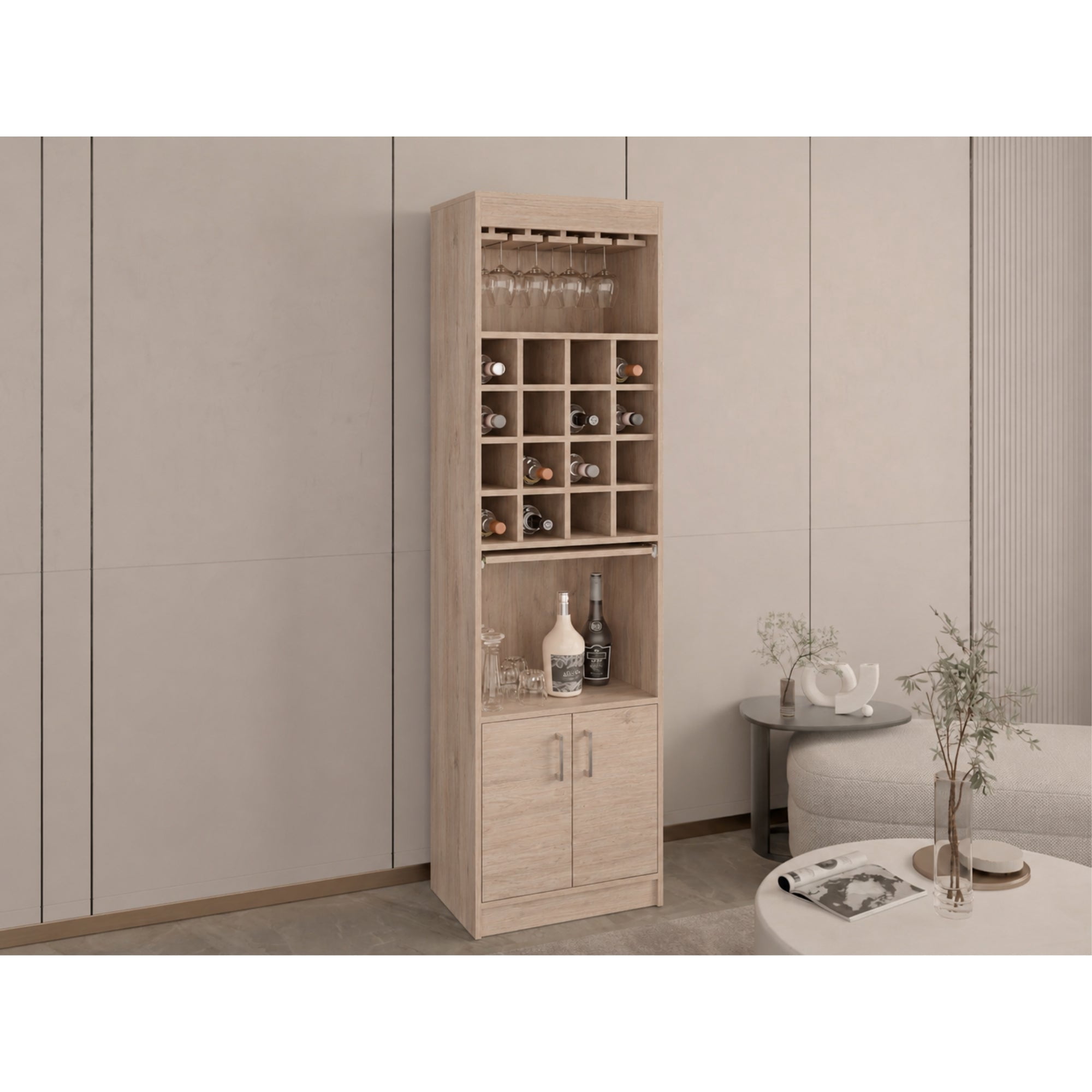 Tuhome - Bar Alto Kava Beijing 16 Botelleros Con Portacopas Y Repisa Extraible Rovere 180,6x51x34 Cm