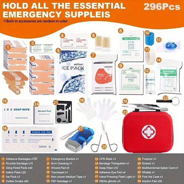 296PCS First Aid Kit For Car Emergency Supplies Mini Compact Bag For Backpack, Basic Camping Essentials Survival Kit For Hiking Trave Travel, Home, Office, Vehicle, Camping, Workplace & Outdoor