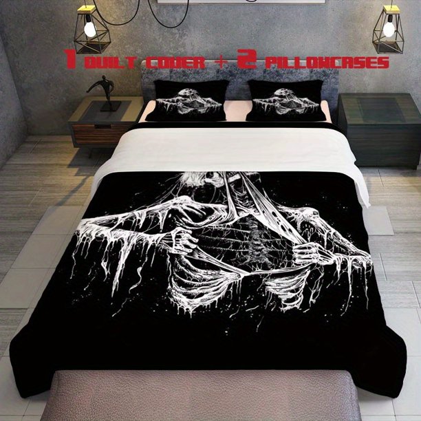 3pcs Horror Skull & Mucus Struggle Design Bedding Set Black & White Skulls with Mucus Effect Includes 1 Duvet Cover & 2 Pillowcases (Covers Only)