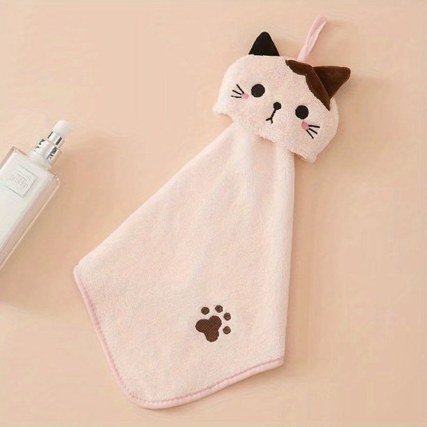 1pc Cartoon Cat Hand Towel, Coral Fleece Pocket Cat Embroidered Washcloth, Bathroom Hanging Absorbent Towel, Kitchen Bathroom Dual-use Wipe Hand Towel