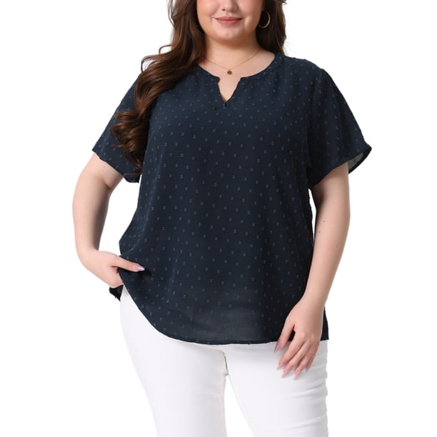 Agnes Orinda Blusas de Mujer Tallas Grandes con Lunares Suizos, Manga Corta, Cuello Entallado, Primavera Verano, Talla 3X, Azul Marino
