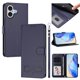 thumbnail image 1 of Funda de Cuero Tipo Billetera para Apple iPhone 17 de 6.3", con Tarjetero, Pulsera, Soporte a Prueba de Golpes con Relieve de Patrón Feliz, Funda para Teléfono, Azul, For iPhone 17, 1 of 8