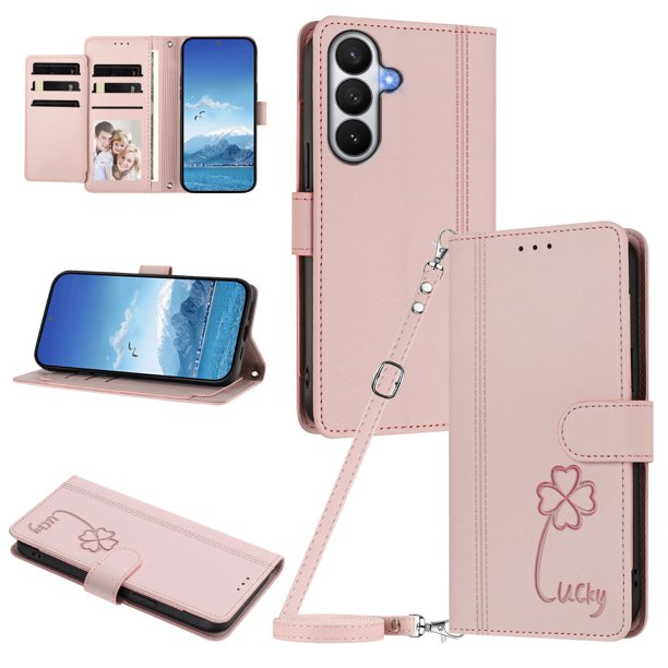 Funda Cartera Trébol para Samsung Galaxy S26 Plus con Ranuras Tarjetas y Carga Inalámbrica Rosa