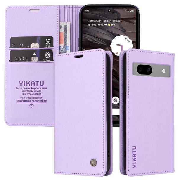 Funda Billetera de Cuero para Google Pixel 7A con Tarjetero y Soporte - Tapa Magnética Morado