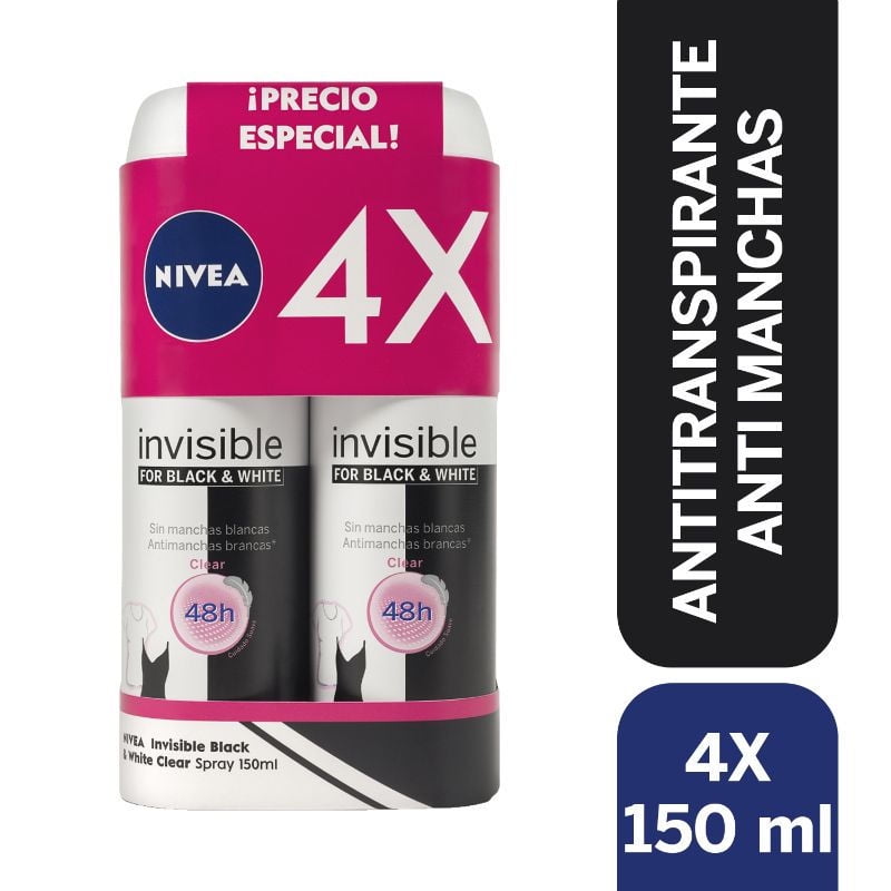 Desodorante Spray Black & White Clear Pack 4 150 ml c/u Nivea