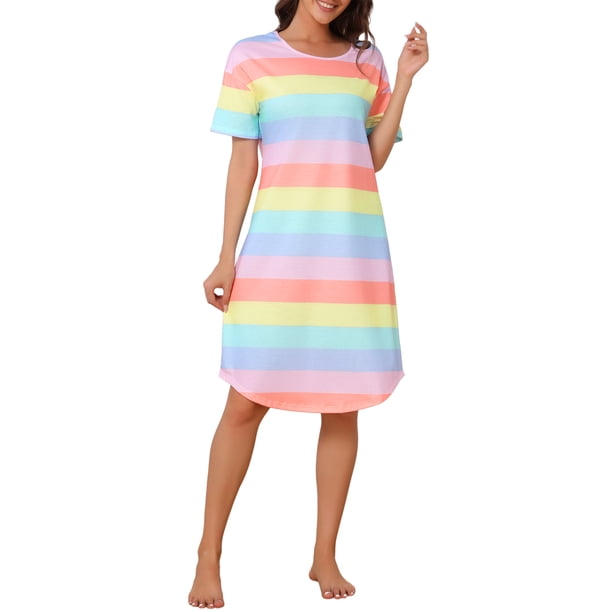 INSPIRE CHIC Camisón de Manga Corta a Rayas para Mujer, Cuello Redondo Suave, Largo hasta la Rodilla, para Descanso y Sueño, XL Color Claro